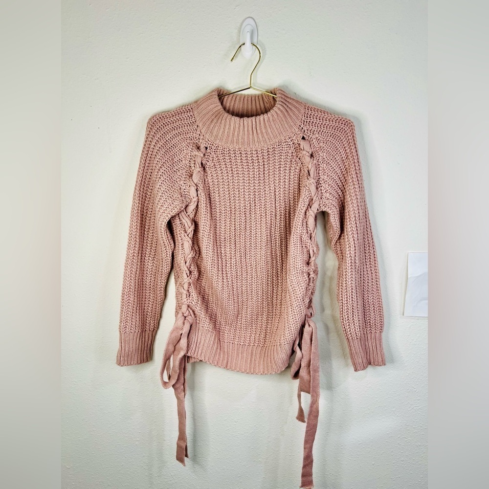 Sweet Rain Women’s Chunky Knit Sweater Side Lace-Up Details Blush Pink Medium
